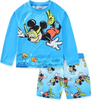 Disney Mickey Mouse Boys UPF 50  Rash Guard and Swim Trunks Swimsuit for Infant, Toddler, and Big Kids