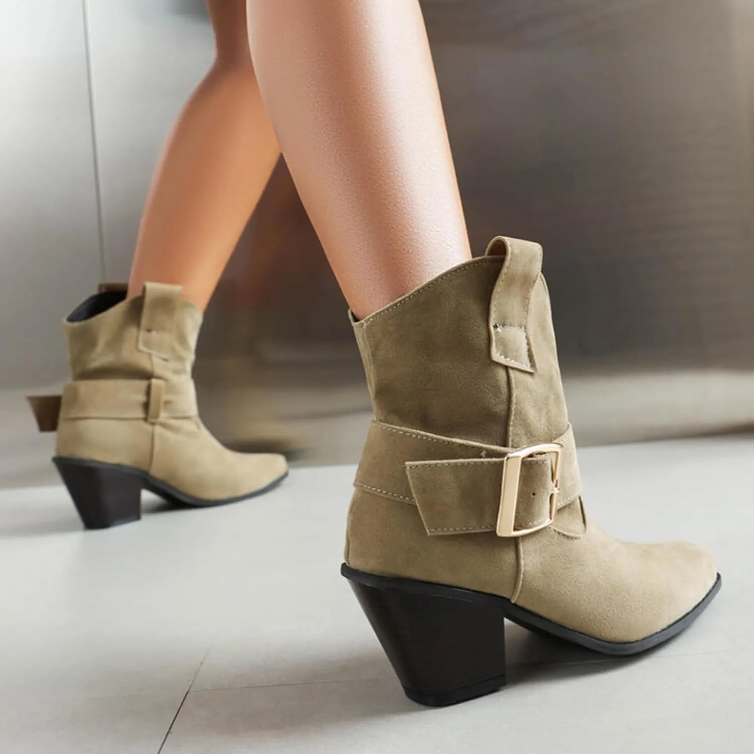 DIYCAM Women's Faux Suede Slouch Chunky Low Heel Boots Buckle Strap Faux Suede Mid Calf Boots Classic Stacked Heel Adjustable Ankle Straps with Buckle