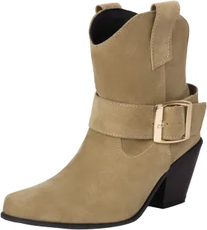 DIYCAM Women's Faux Suede Slouch Chunky Low Heel Boots Buckle Strap Faux Suede Mid Calf Boots Classic Stacked Heel Adjustable Ankle Straps with Buckle