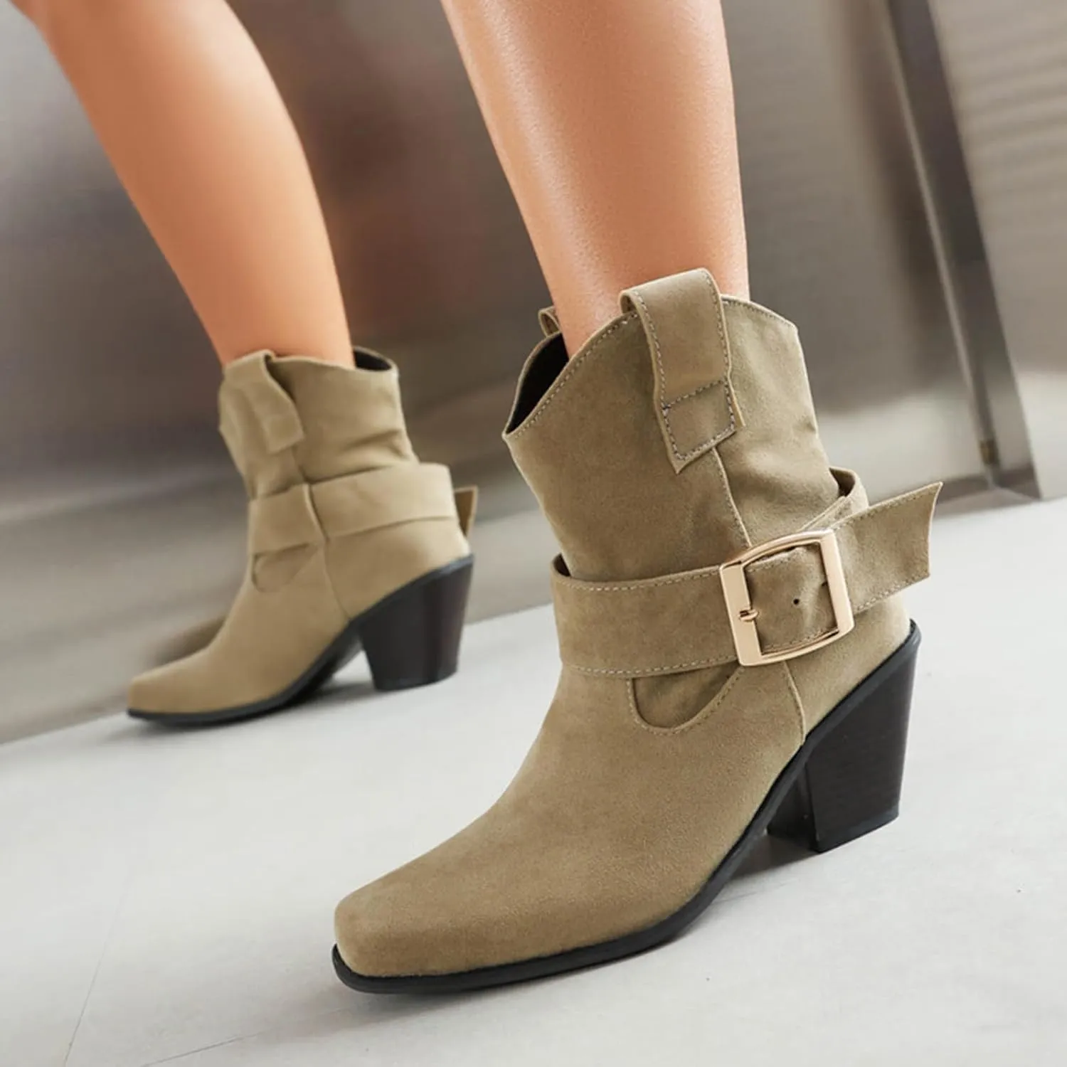 DIYCAM Women's Faux Suede Slouch Chunky Low Heel Boots Buckle Strap Faux Suede Mid Calf Boots Classic Stacked Heel Adjustable Ankle Straps with Buckle
