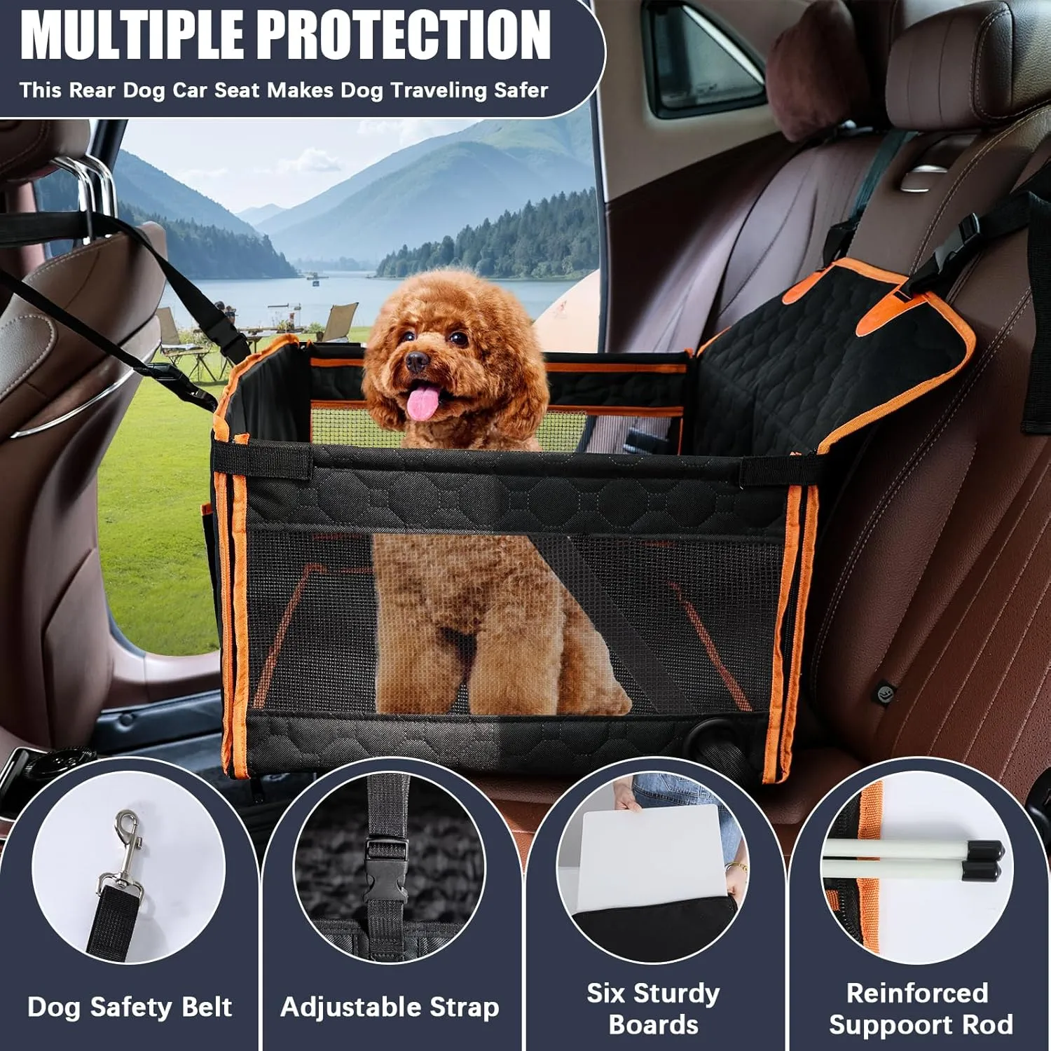 Dog Car Seat for Medium Small Dogs, Pet Car Seat with Adjustable Safety Belt & Storage Pockets, Breathable Waterproof Pet Car Seats Cover, Small Dog Seats for Dogs Under 25lbs (Medium, Orange)