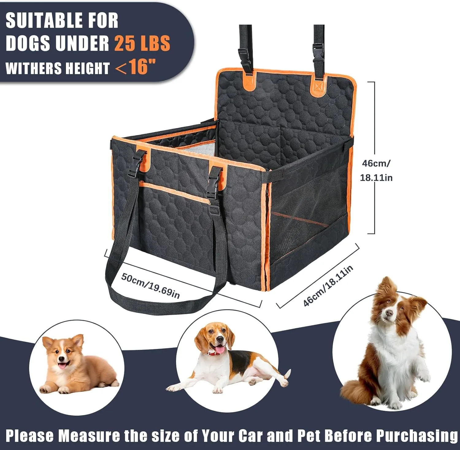 Dog Car Seat for Medium Small Dogs, Pet Car Seat with Adjustable Safety Belt & Storage Pockets, Breathable Waterproof Pet Car Seats Cover, Small Dog Seats for Dogs Under 25lbs (Medium, Orange)