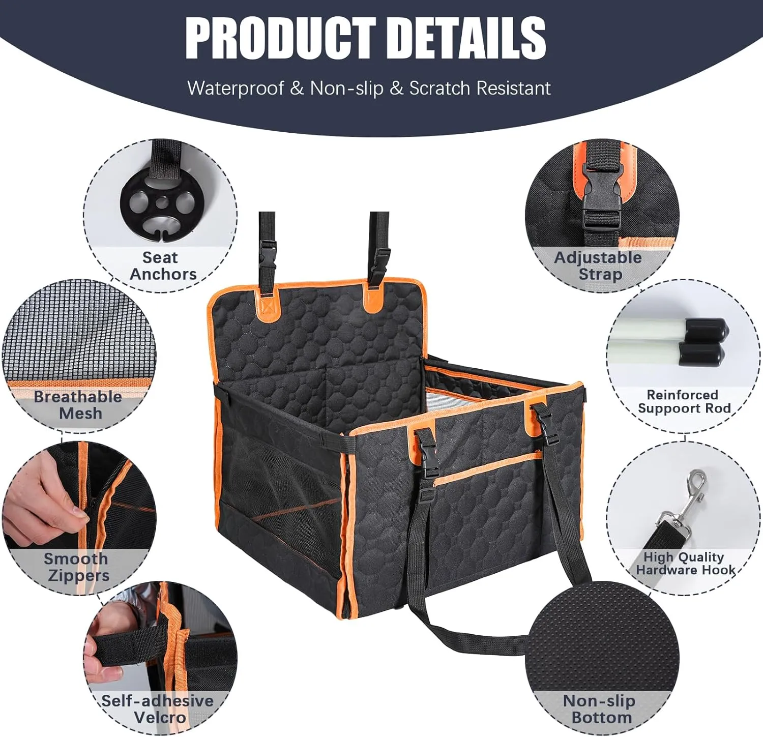 Dog Car Seat for Medium Small Dogs, Pet Car Seat with Adjustable Safety Belt & Storage Pockets, Breathable Waterproof Pet Car Seats Cover, Small Dog Seats for Dogs Under 25lbs (Medium, Orange)