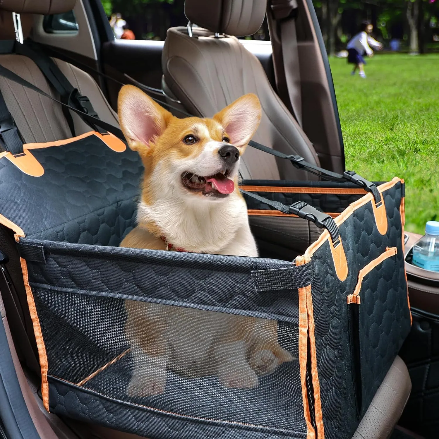 Dog Car Seat for Medium Small Dogs, Pet Car Seat with Adjustable Safety Belt & Storage Pockets, Breathable Waterproof Pet Car Seats Cover, Small Dog Seats for Dogs Under 25lbs (Medium, Orange)