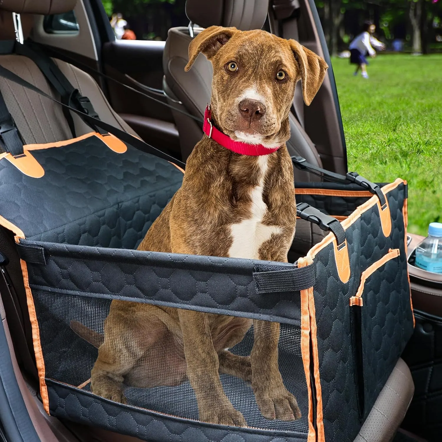 Dog Car Seat for Medium Small Dogs, Pet Car Seat with Adjustable Safety Belt & Storage Pockets, Breathable Waterproof Pet Car Seats Cover, Small Dog Seats for Dogs Under 25lbs (Medium, Orange)
