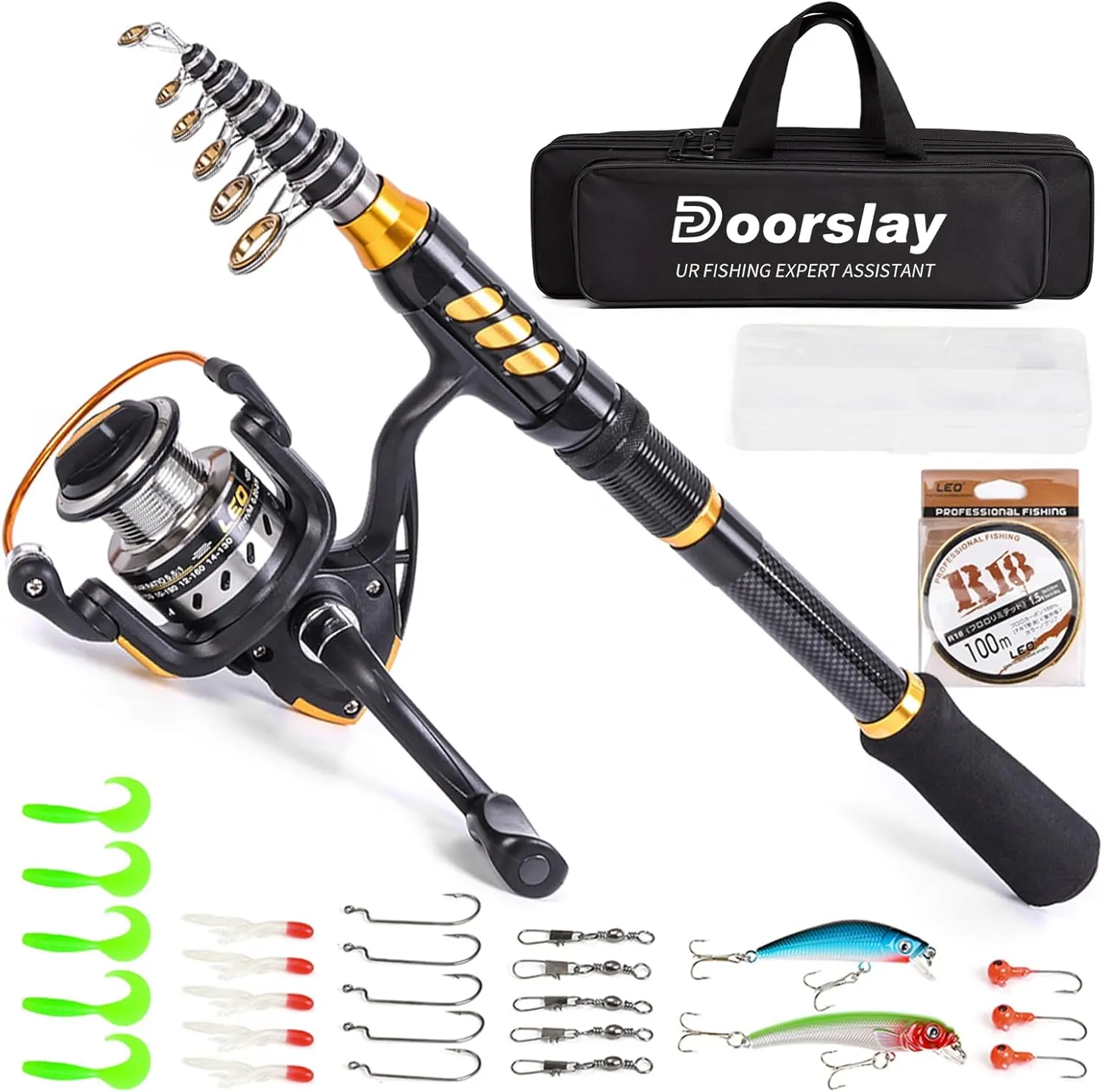 doorslay Fishing Rod and Reel Combos, Carbon Fiber Fishing Pole Combo Set, Telescopic Rods Spinning Reels Lures Set with Carrier Bag for Freshwater Saltwater Kit Fishing Gifts for Men Women