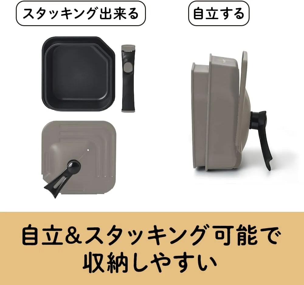 Doshisha Square Frying Pan, Sutto, Set of 4, Removable, Induction Compatible, Gray, Deep