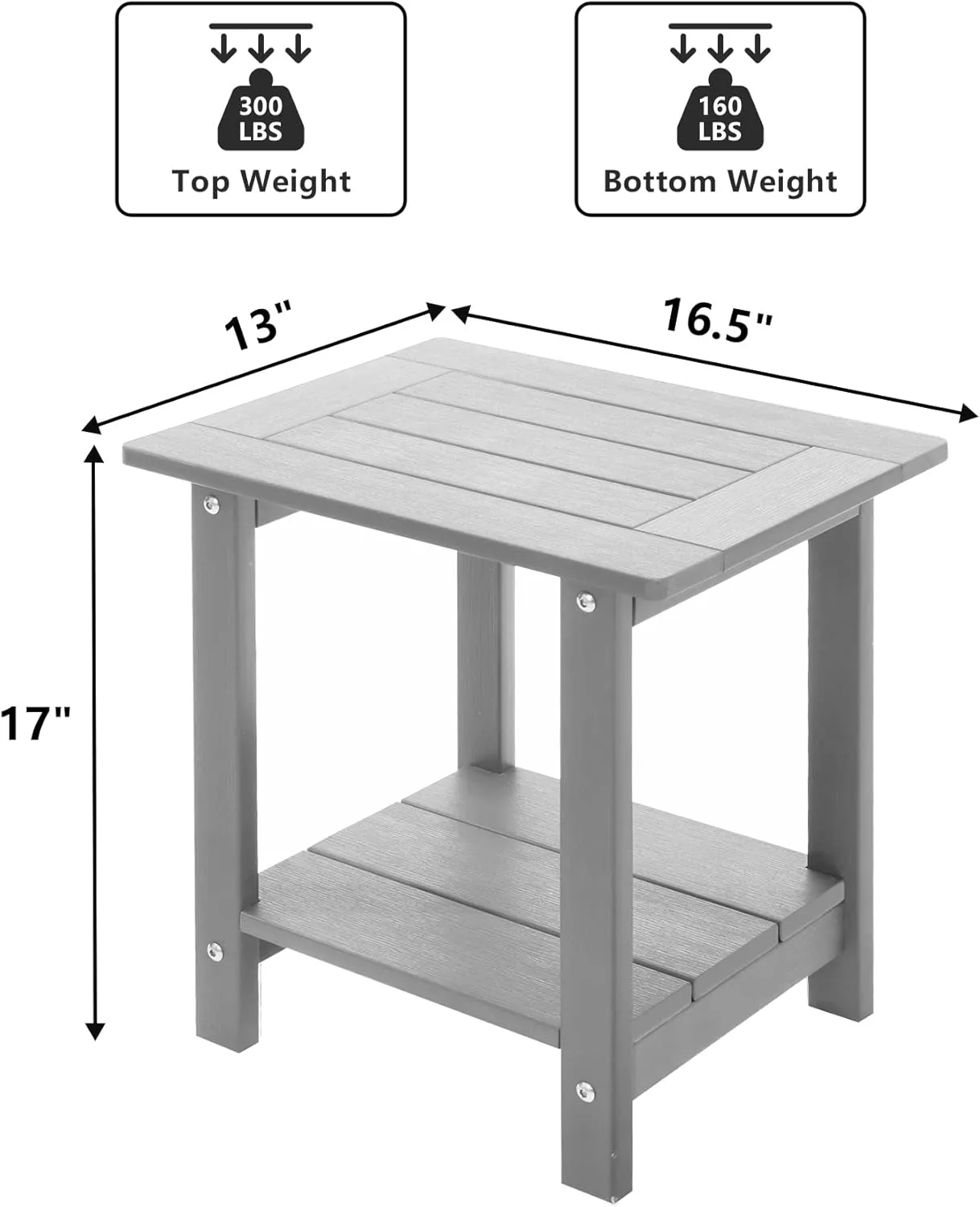 Double Adirondack Side Table Weather Resistant, Outdoor Rectangular End Table for Adirondack Chair, Light Grey