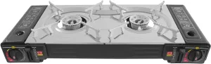 Double Burner Butane Camping Stove, Portable Tabletop Camping Stove Top with Baking Pan&Carrying Case Lightweight Gas Cooking Stoves for Garden Patio BBQ Picnics