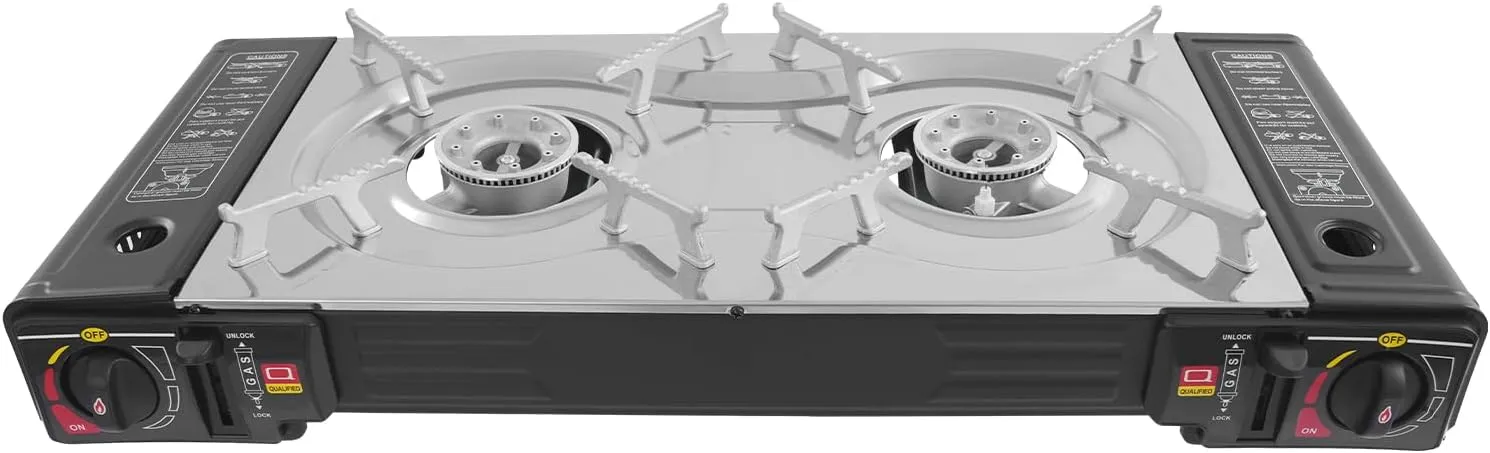Double Burner Butane Camping Stove, Portable Tabletop Camping Stove Top with Baking Pan&Carrying Case Lightweight Gas Cooking Stoves for Garden Patio BBQ Picnics