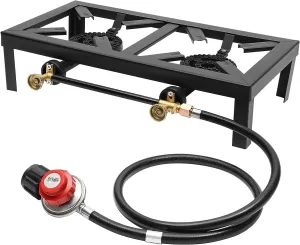 Double Burner Outdoor Gas Stove Propane Cooker, 8000W Portable Camping Stove with Adjustable 0-10Psi Regulator Hose Outdoor Cooker with Independent Control for Patio Camping, Home Brewing