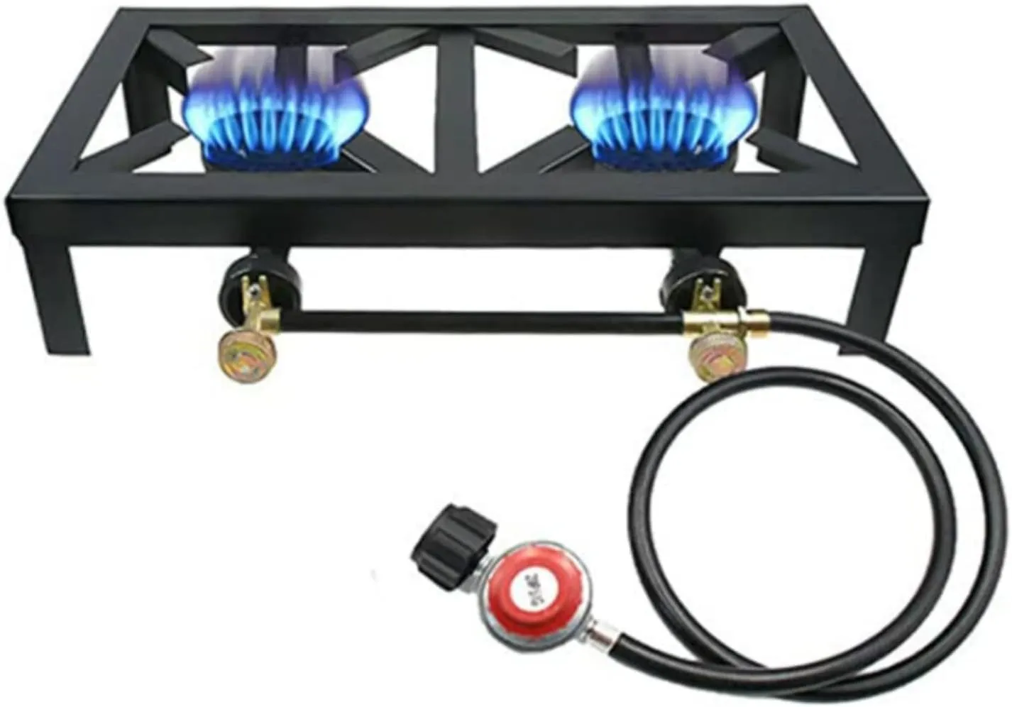 Double Burner Outdoor Gas Stove Propane Cooker,Double Propane Outdoor Burner, Propane Double Burner Angle Iron Camp Stove with Adjustable 0-20Psi Regulator Hose for Patio Camping, BBQ