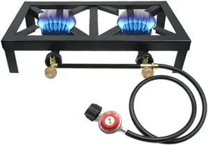 Double Burner Outdoor Gas Stove Propane Cooker,Double Propane Outdoor Burner, Propane Double Burner Angle Iron Camp Stove with Adjustable 0-20Psi Regulator Hose for Patio Camping, BBQ
