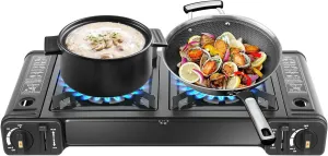Double Butane Stove, Butane Camping Stove 2 Burner with Grill Tray, Portable Butanes Camping Stove, Outdoor Travel Camp Stove for Camping, BBQ, Home
