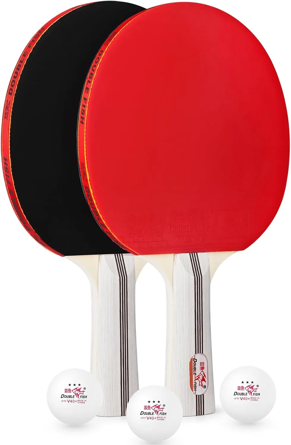 Double Fish Ping Pong Paddle Set of 4, 6 Ping Pong Balls ITTF Approval Professional 3-Star WTT, Carrying Storage Case, Table Tennis Sets for Training, Game, Family Fun