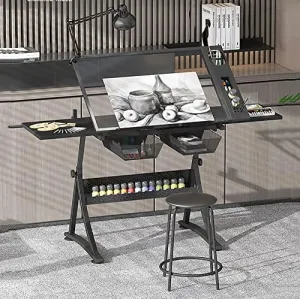 Drafting Desk, Drafting Table Art/Adjustable Glass Drawing Table with 2 Drawers, Art Desk Art Table with Storage, Student Desk Study Desk for Drawing