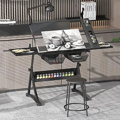 Drafting Desk, Drafting Table Art/Adjustable Glass Drawing Table with 2 Drawers, Art Desk Art Table with Storage, Student Desk Study Desk for Drawing