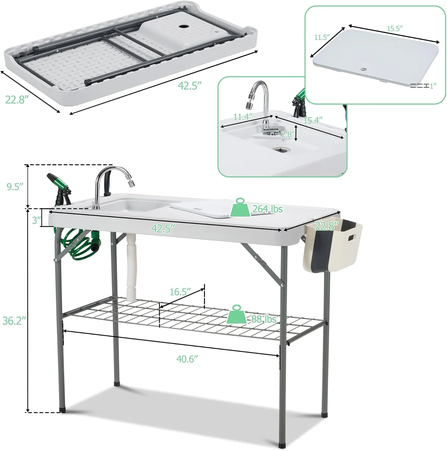 Dragosum Outdoor Sink Fish Cleaning Table Portable Camping Table with Faucet Hose Hook Up Grid Rack, Fish Fillet Camping Sink Table with 7pc Fish Cleaning Kit for Picnic Beach Patio(Grey)
