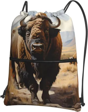 Drawstring Backpack with Zip Pockets, North American bison herd Print Lightweight string Bag Travel Gym Sack, Hiking, Yoga
