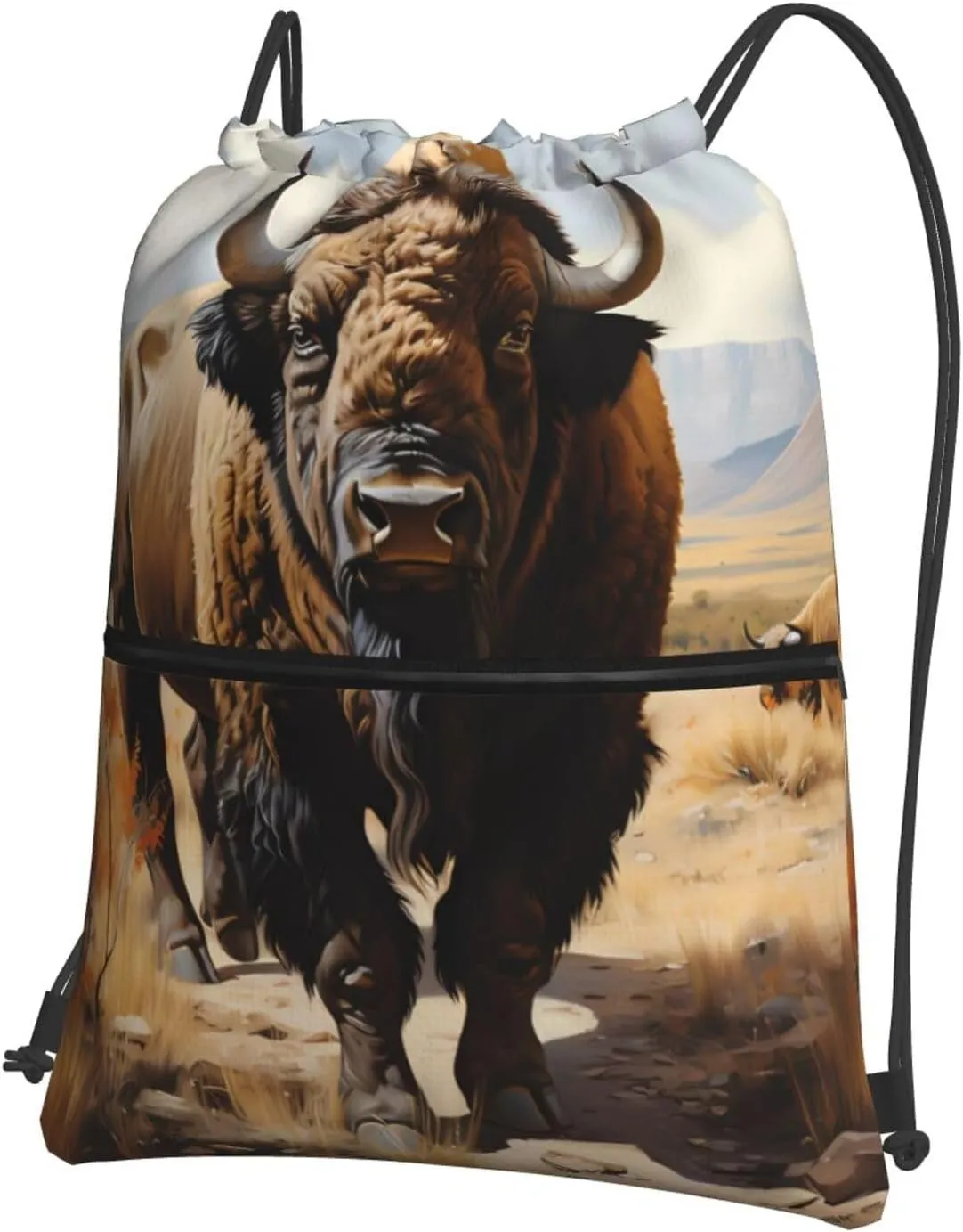 Drawstring Backpack with Zip Pockets, North American bison herd Print Lightweight string Bag Travel Gym Sack, Hiking, Yoga