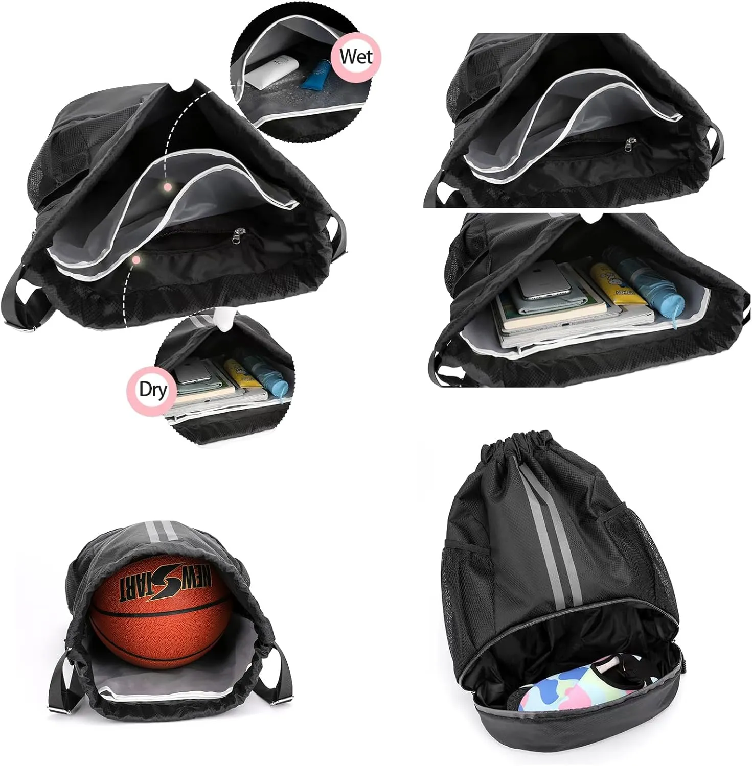 Drawstring Gym Bag for Men, Waterproof Drawstring Backpack for Women, Swim with Shoes Compartment, Pull String Sport Bag for Soccer and Basketball. (Blue)