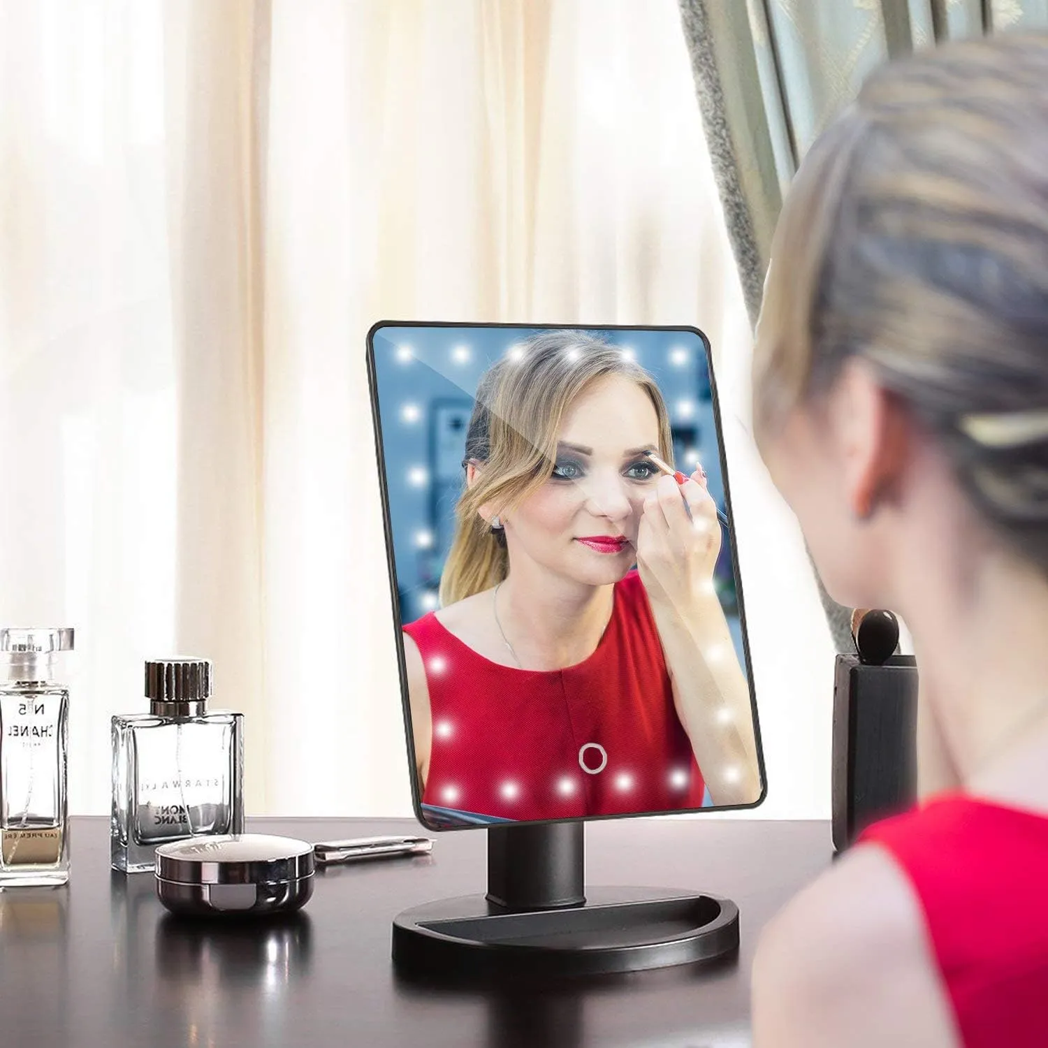 Dressing Table Makeup Mirror with Lights - 10.7 inches Dimmable Led Touch Screen Makeup Mirror as Portable Natural Daylight Lighted Make Up Mirror Battery Operated Idea for Every Woman