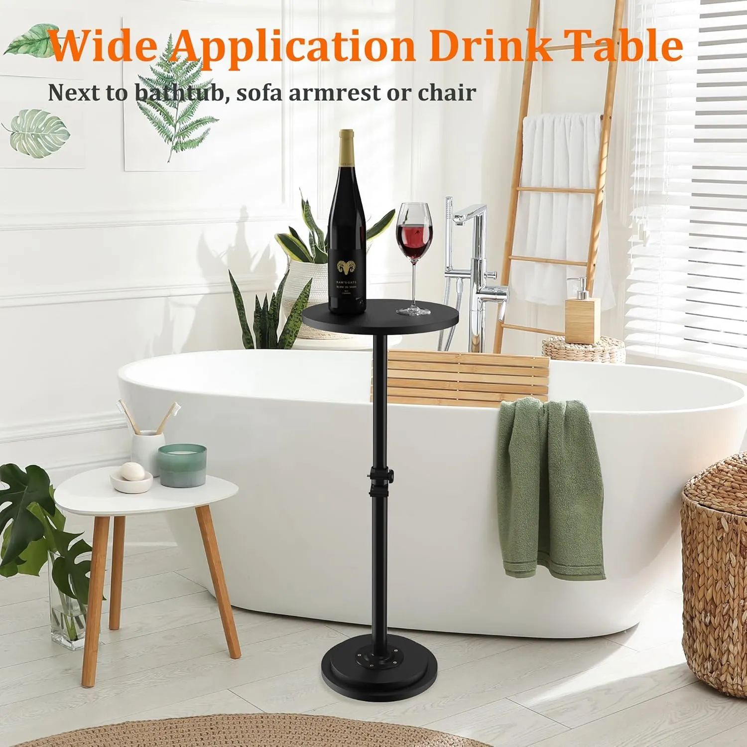 Drink Table, Small Round Side Table - 360° Swivel Height Adjustable for Small Spaces, Pedestal Martini Table for Sofa Couch, Living Room, Bedroom, Black