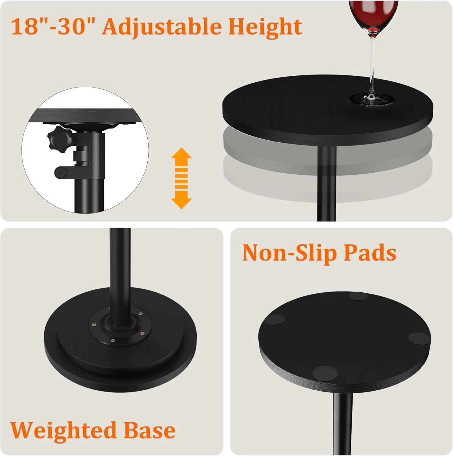Drink Table, Small Round Side Table - 360° Swivel Height Adjustable for Small Spaces, Pedestal Martini Table for Sofa Couch, Living Room, Bedroom, Black