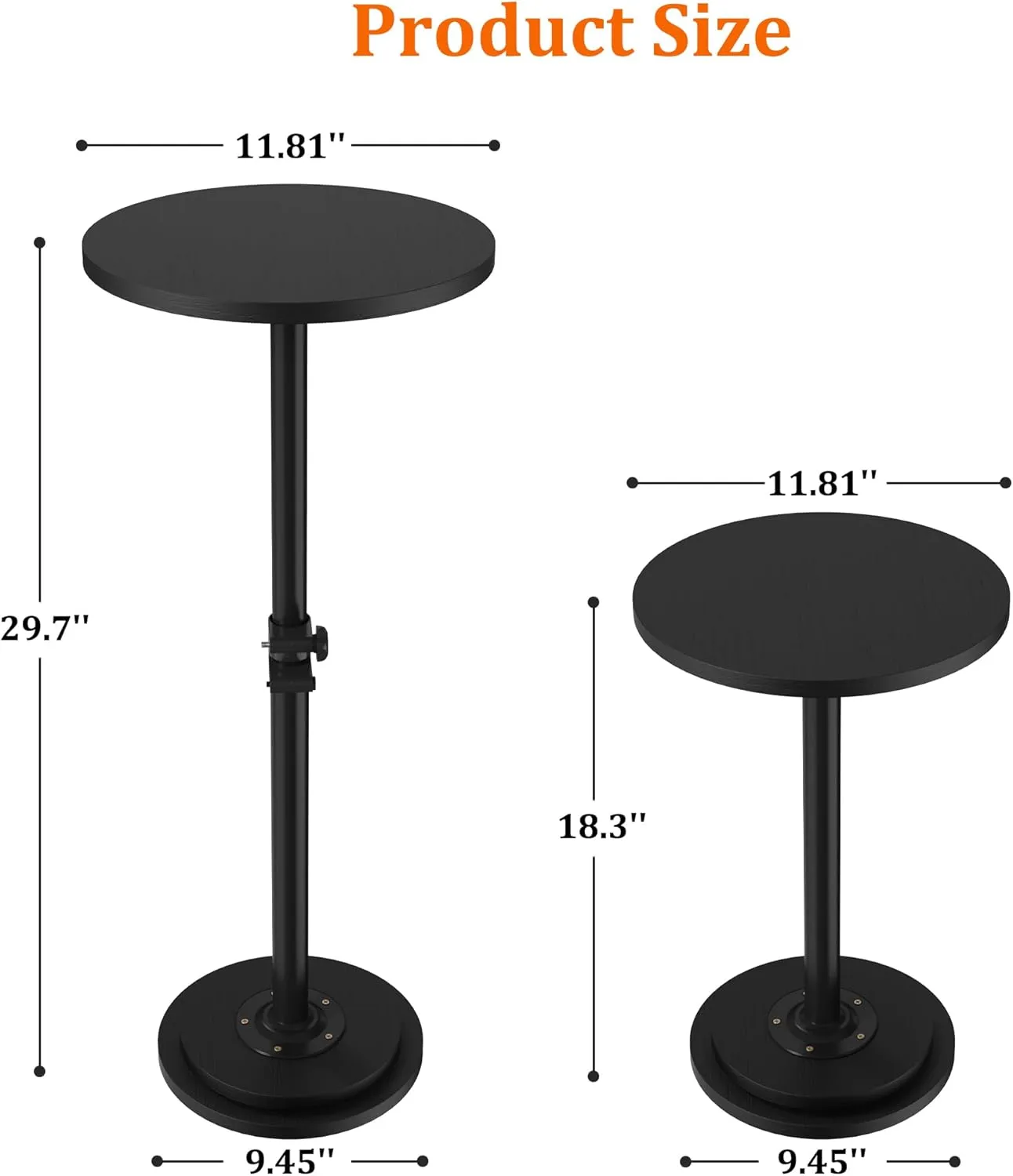 Drink Table, Small Round Side Table - 360° Swivel Height Adjustable for Small Spaces, Pedestal Martini Table for Sofa Couch, Living Room, Bedroom, Black