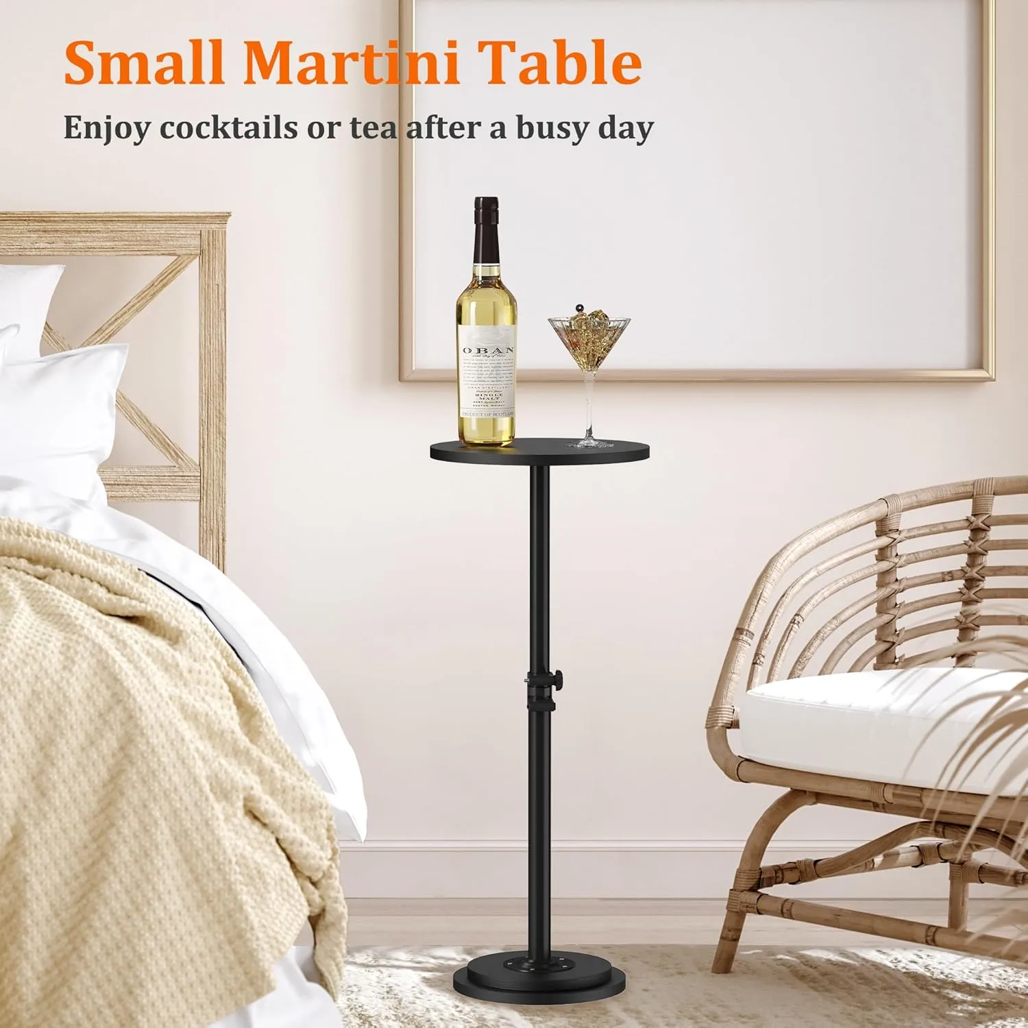 Drink Table, Small Round Side Table - 360° Swivel Height Adjustable for Small Spaces, Pedestal Martini Table for Sofa Couch, Living Room, Bedroom, Black