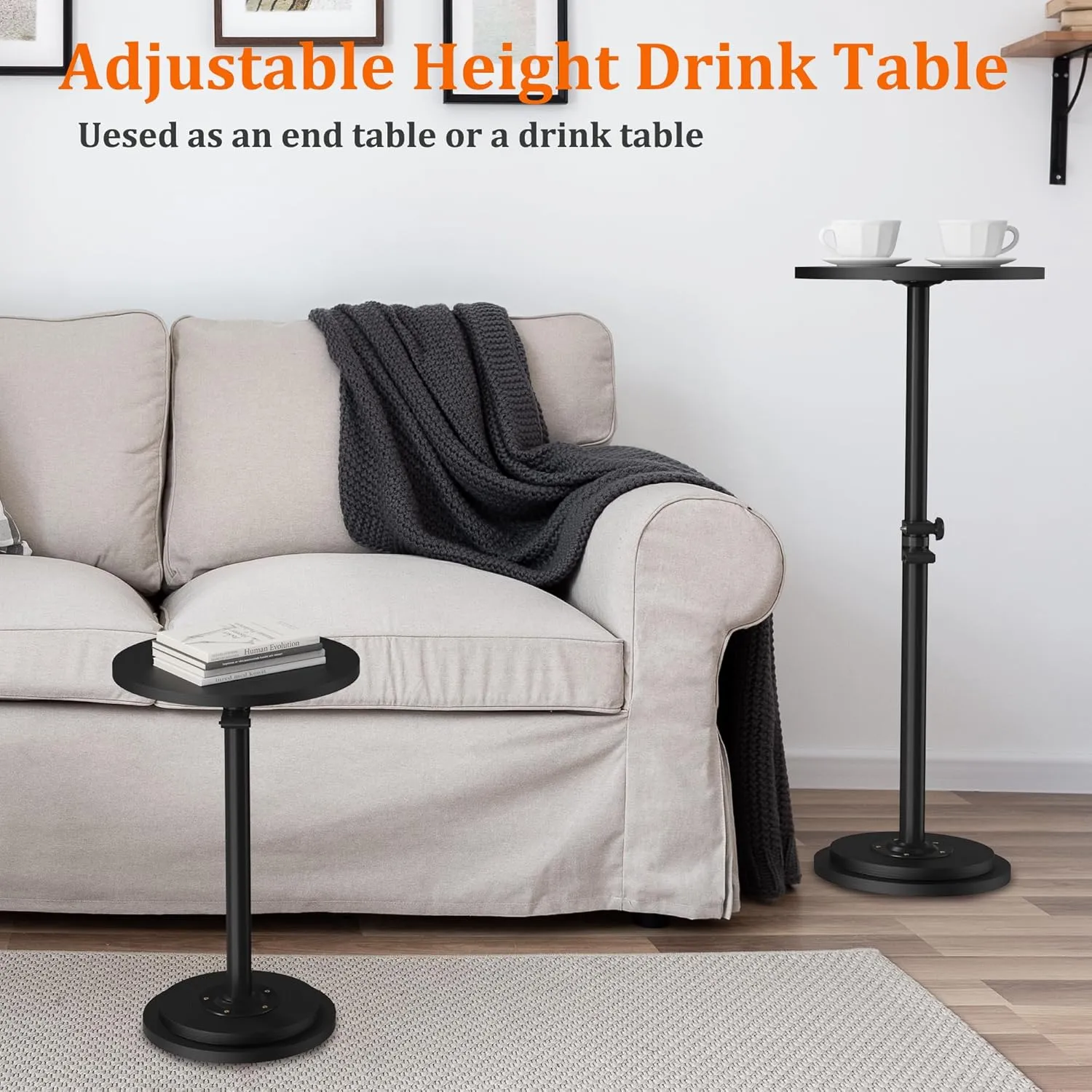 Drink Table, Small Round Side Table - 360° Swivel Height Adjustable for Small Spaces, Pedestal Martini Table for Sofa Couch, Living Room, Bedroom, Black
