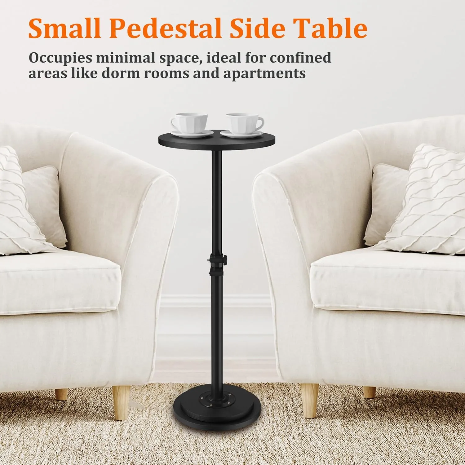 Drink Table, Small Round Side Table - 360° Swivel Height Adjustable for Small Spaces, Pedestal Martini Table for Sofa Couch, Living Room, Bedroom, Black