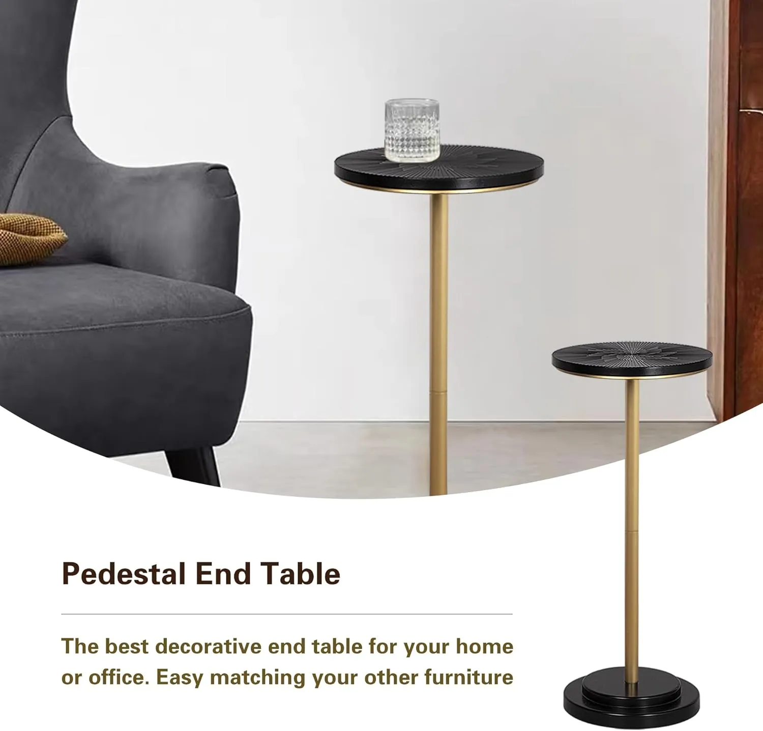 Drink Table, Weighted Base Pedestal Martini Table, Small Side Table with Wooden Carved Table Top for Living Room, Bedroom, Gold and Black