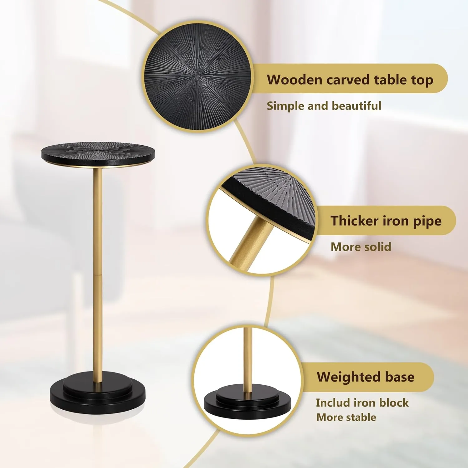 Drink Table, Weighted Base Pedestal Martini Table, Small Side Table with Wooden Carved Table Top for Living Room, Bedroom, Gold and Black
