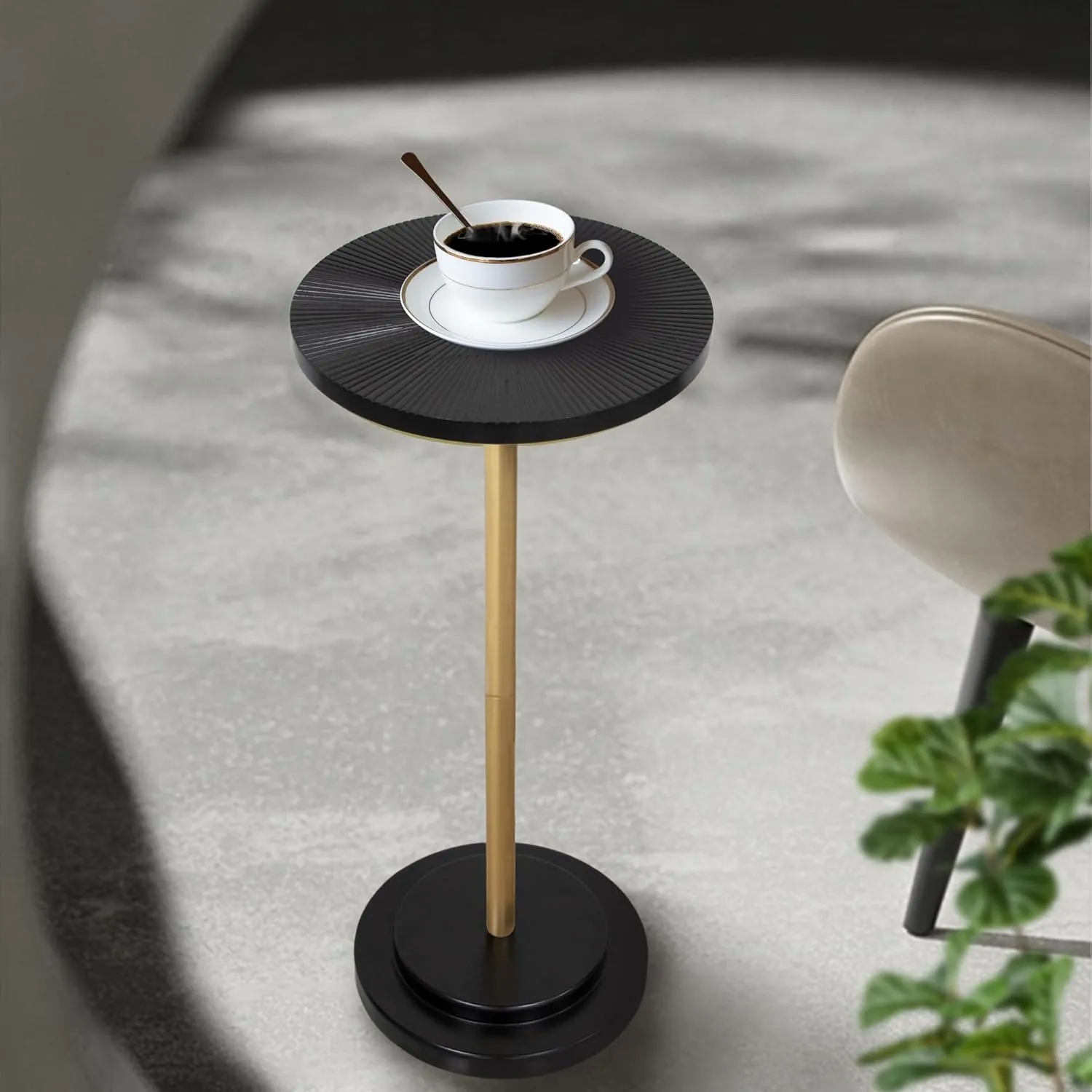 Drink Table, Weighted Base Pedestal Martini Table, Small Side Table with Wooden Carved Table Top for Living Room, Bedroom, Gold and Black