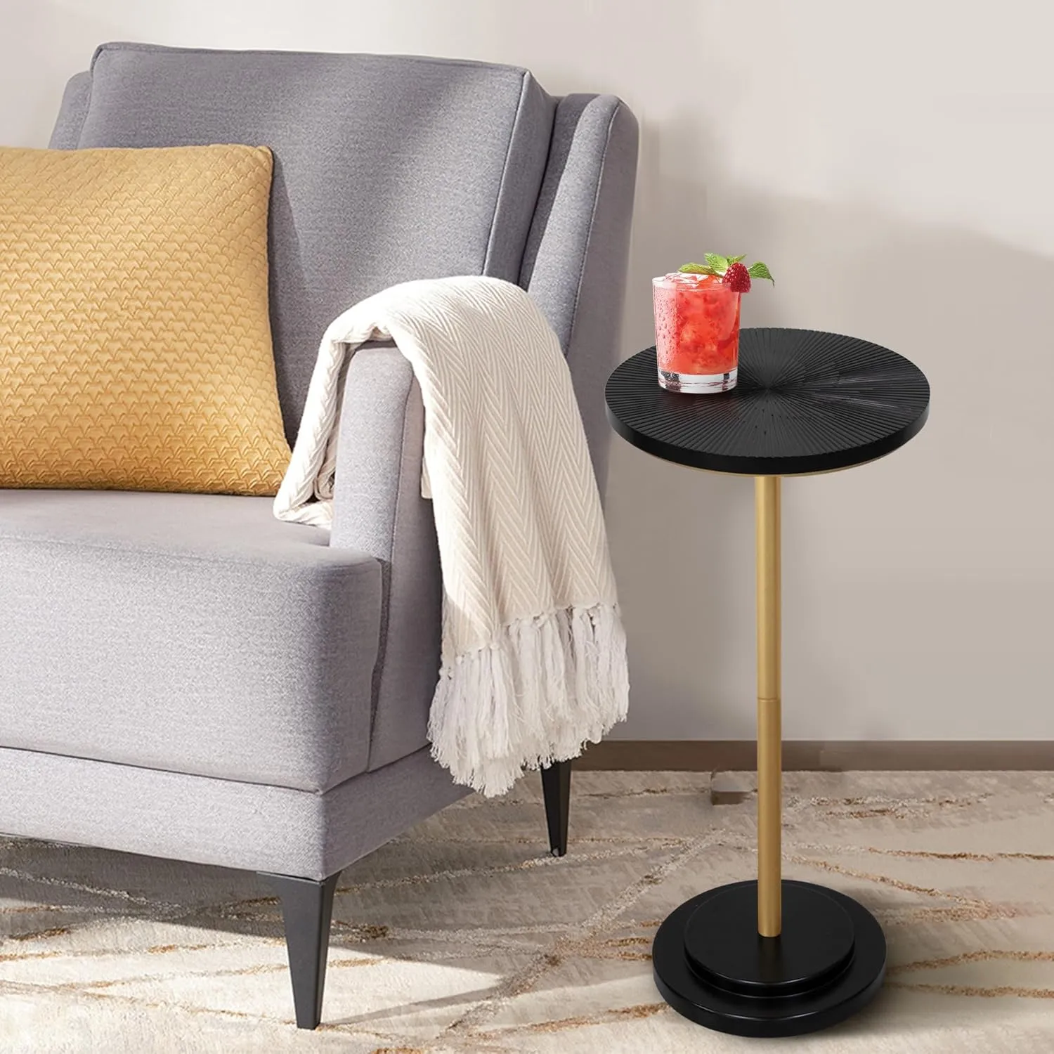 Drink Table, Weighted Base Pedestal Martini Table, Small Side Table with Wooden Carved Table Top for Living Room, Bedroom, Gold and Black