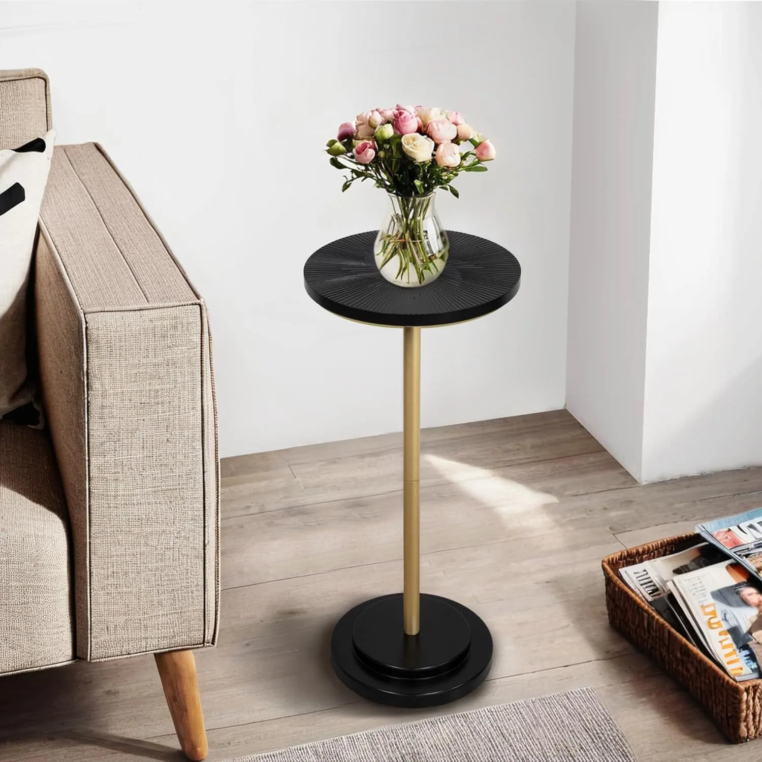 Drink Table, Weighted Base Pedestal Martini Table, Small Side Table with Wooden Carved Table Top for Living Room, Bedroom, Gold and Black