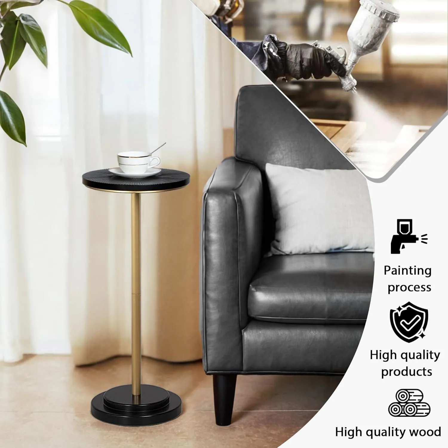 Drink Table, Weighted Base Pedestal Martini Table, Small Side Table with Wooden Carved Table Top for Living Room, Bedroom, Gold and Black