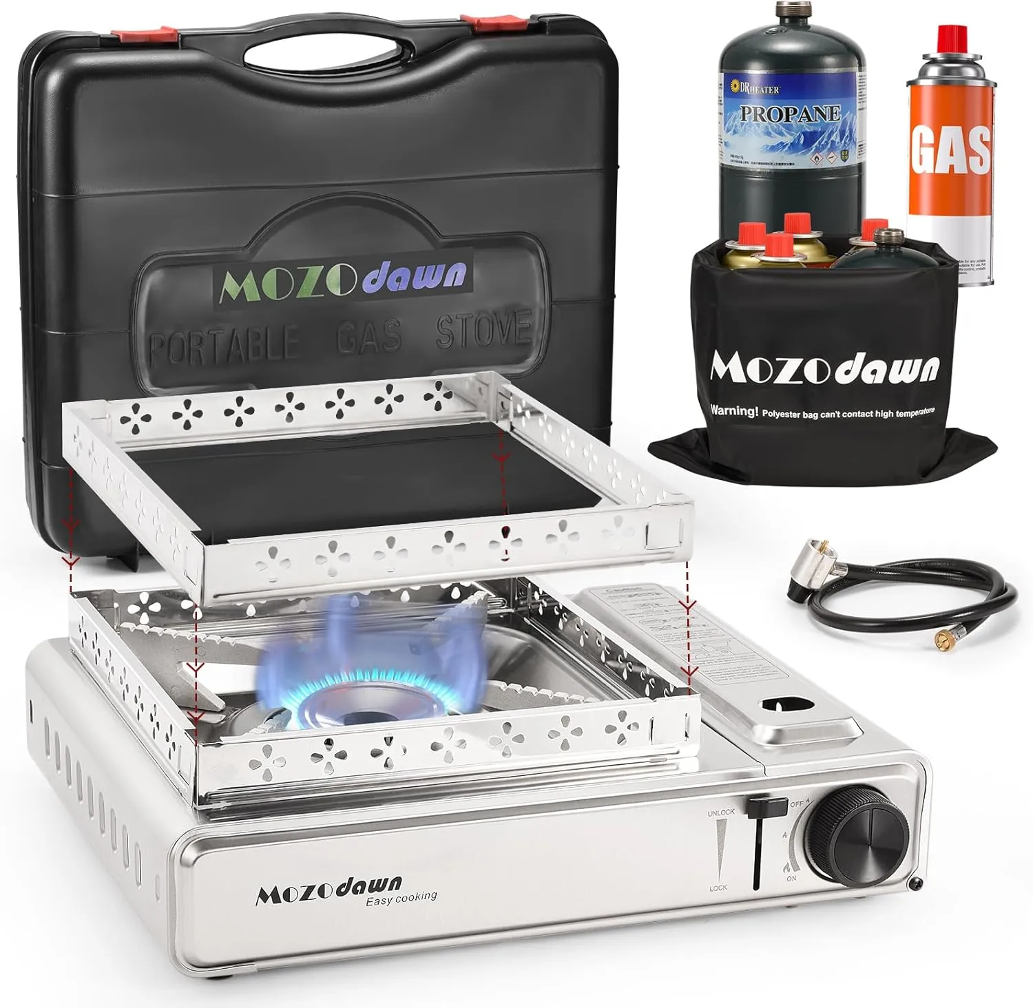Dual Fuel Camp Stove with Butane and Propane Compatibility, 10500 BTU Portable Camping Stove with Carrying Case, Storage Bag, Adapter Hose, Wind Guard, Outdoor Camping Essentials