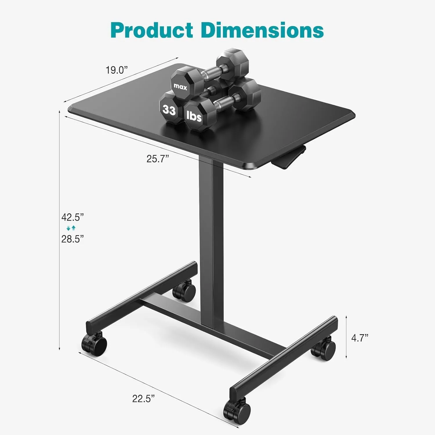DUMOS Small Standing Desk Mobile Portable Rolling Laptop PC Table on Wheels Adjustable Height Computer Workstation for Home Office, 19 Inch, Black