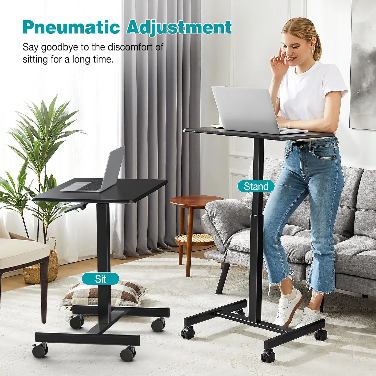 DUMOS Small Standing Desk Mobile Portable Rolling Laptop PC Table on Wheels Adjustable Height Computer Workstation for Home Office, 19 Inch, Black
