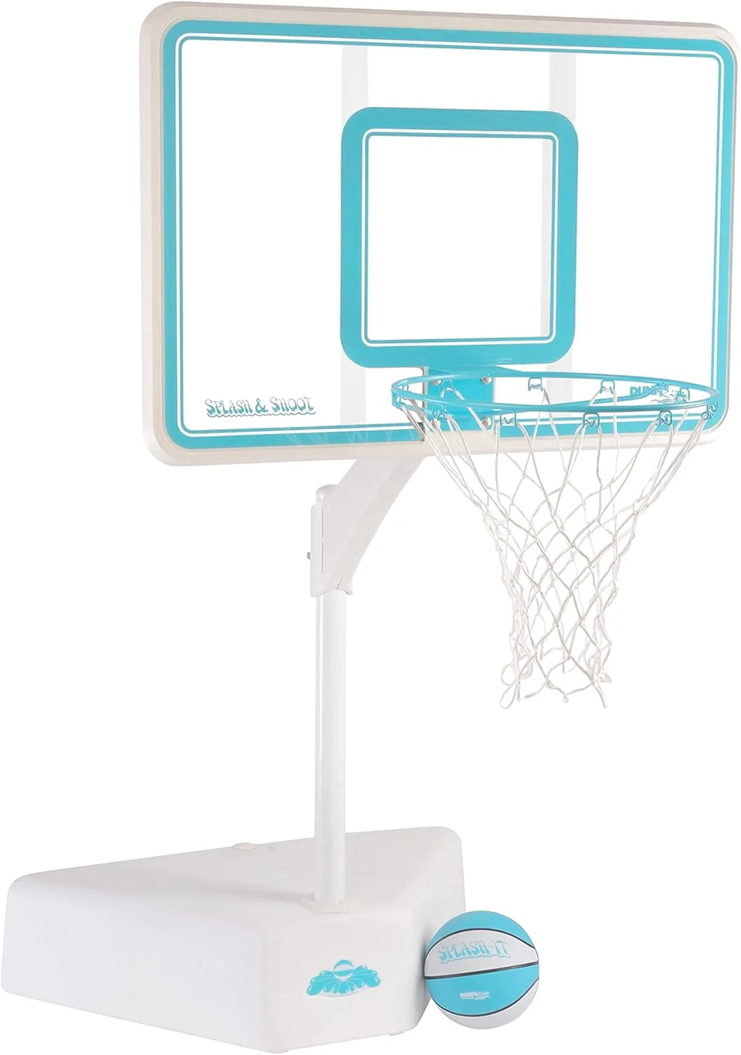 Dunn-Rite Splash & Shoot Outdoor Adjustable Height Swimming Pool Basketball Hoop w/Ball, Base, & 18 Inch Stainless Steel Rim, Made in USA, Clear
