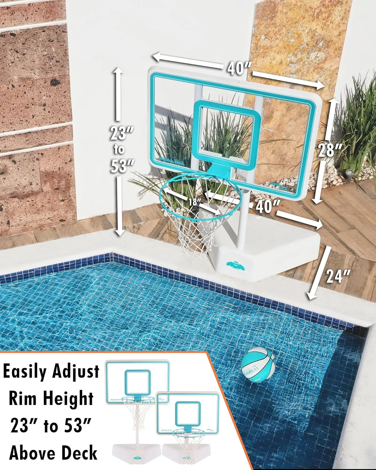 Dunn-Rite Splash & Shoot Outdoor Adjustable Height Swimming Pool Basketball Hoop w/Ball, Base, & 18 Inch Stainless Steel Rim, Made in USA, Clear