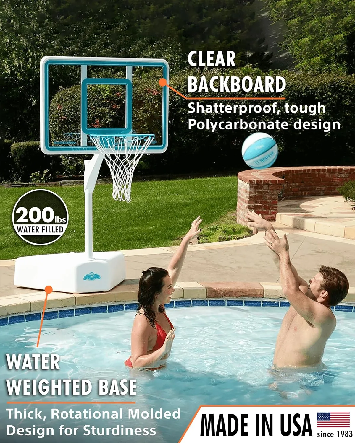 Dunn-Rite Splash & Shoot Outdoor Adjustable Height Swimming Pool Basketball Hoop w/Ball, Base, & 18 Inch Stainless Steel Rim, Made in USA, Clear