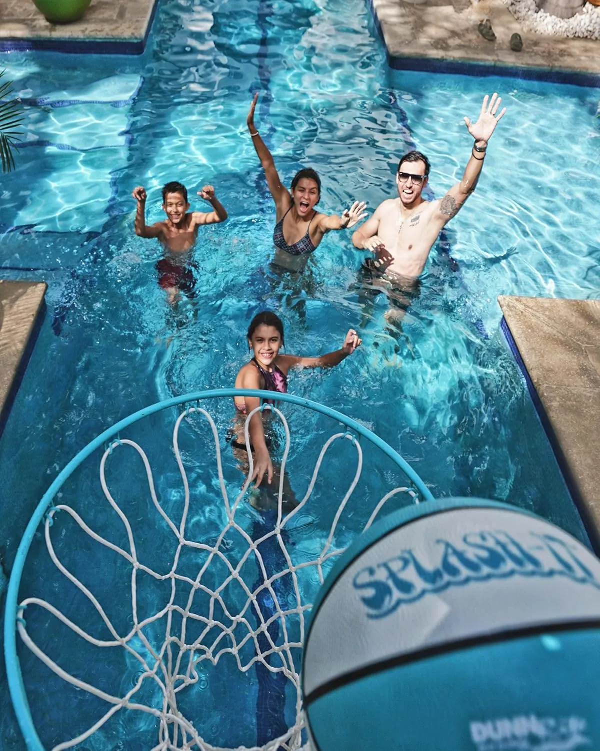 Dunn-Rite Splash & Shoot Outdoor Adjustable Height Swimming Pool Basketball Hoop w/Ball, Base, & 18 Inch Stainless Steel Rim, Made in USA, Clear