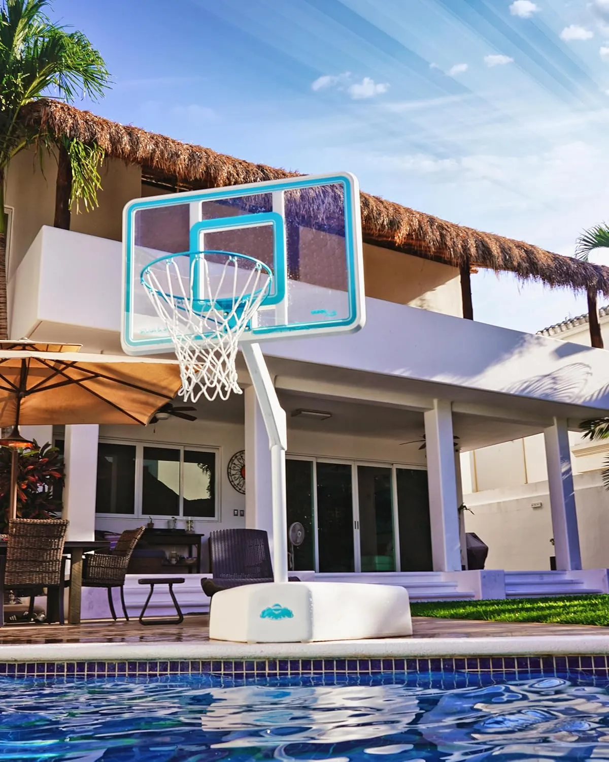 Dunn-Rite Splash & Shoot Outdoor Adjustable Height Swimming Pool Basketball Hoop w/Ball, Base, & 18 Inch Stainless Steel Rim, Made in USA, Clear