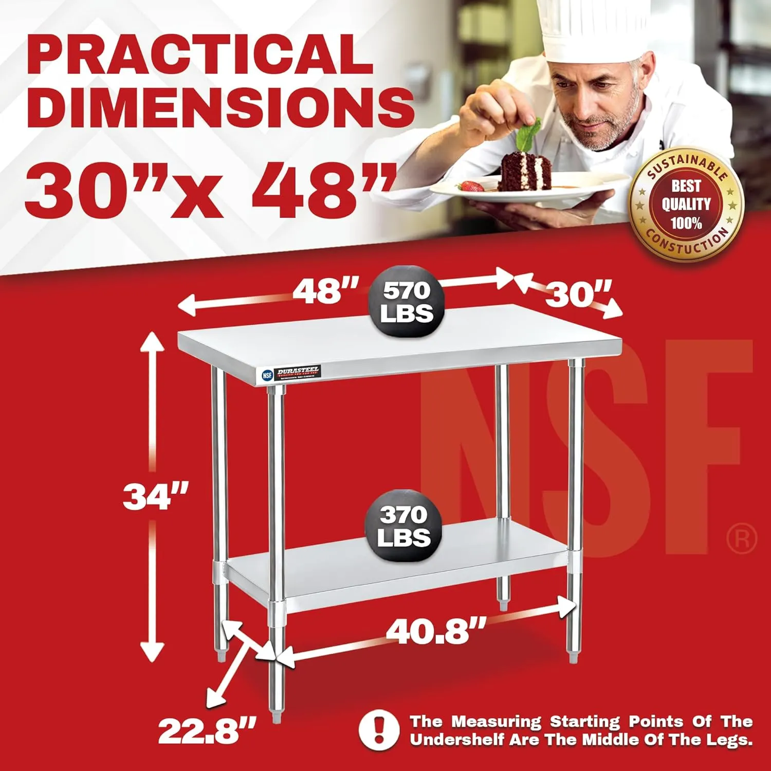 DuraSteel 30x48 Kitchen Stainless Steel Table - NSF Commercial Work Bench Prep Table - Outdoor Pizza Oven Stand with Under Shelf - For Laundry Room, Kitchen, Garage, Restaurant