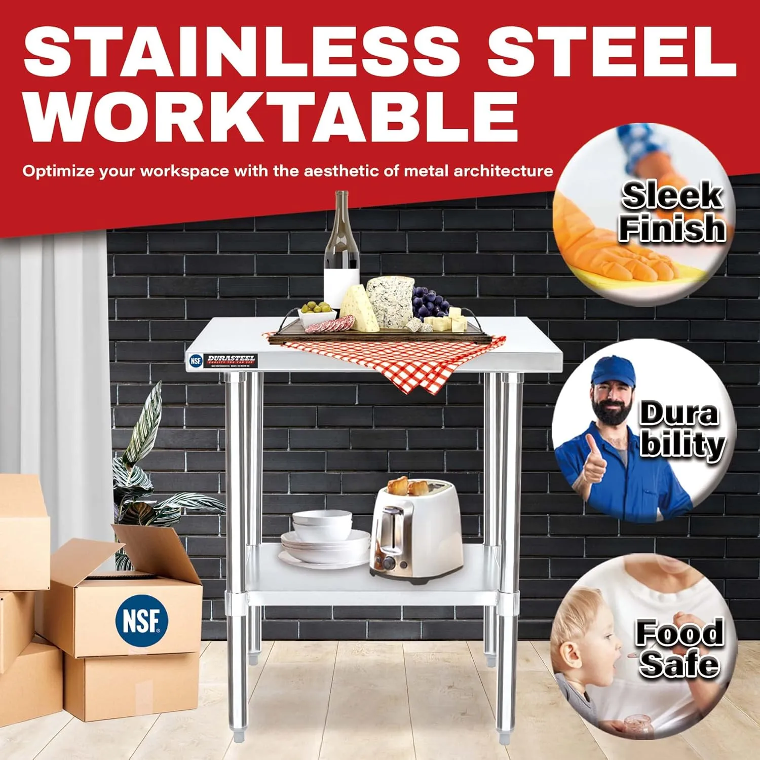 DuraSteel 30x48 Kitchen Stainless Steel Table - NSF Commercial Work Bench Prep Table - Outdoor Pizza Oven Stand with Under Shelf - For Laundry Room, Kitchen, Garage, Restaurant
