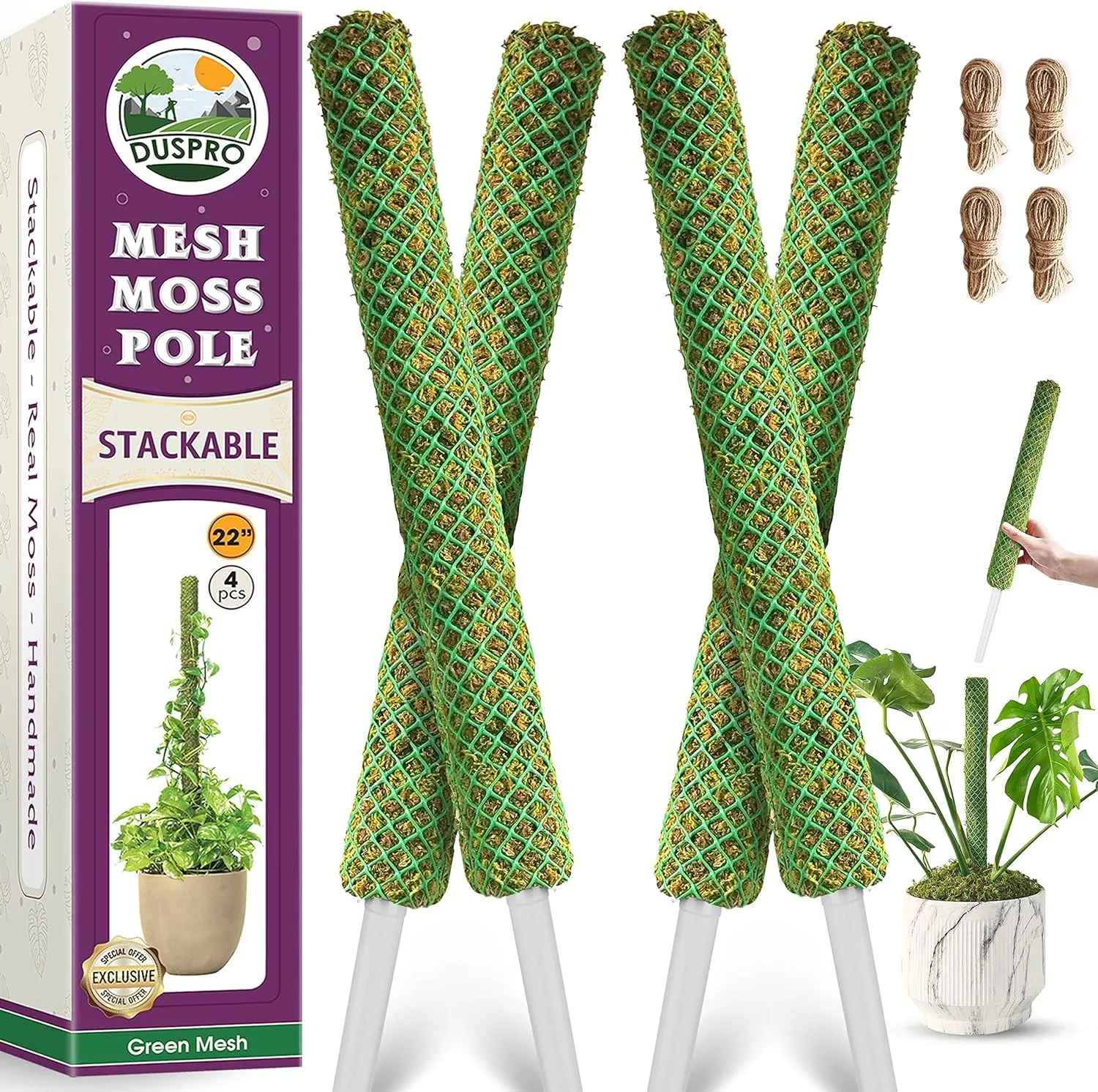 Duspro Green Stackable Mesh Moss Pole for Climbing Vines, Supporting Monstera Trellis, Extendable Plant Pole Moss Sticks, Potted Plant Stakes (4 Pack, 71'')