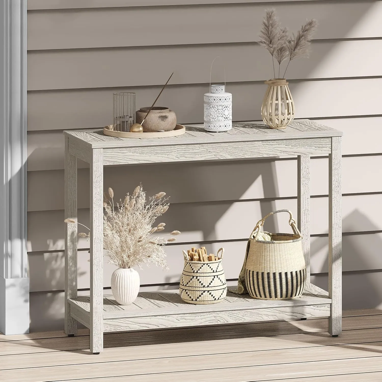 DWVO 38.3" Outdoor Bar Table Console Table, HIPS Material Indoor Outdoor Multifunctional Buffet Bar Storage Organizer with Adjustable Feet (Grey)